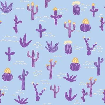 Seamless patterns with different cacti. Vibrant repeating texture with purple 스톡 일러스트