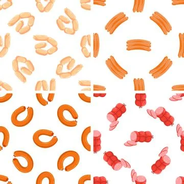Seamless patterns with different types of sausages forming various compositions Illustrazione stock