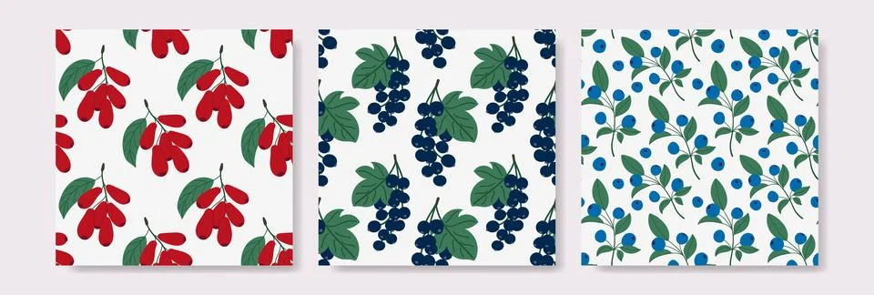 Seamless patterns with dogwood, dark current, blueberries, green leaves Illustrazione stock