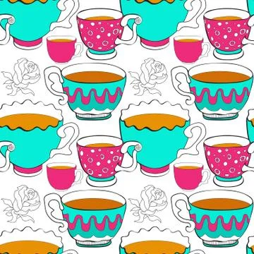 Seamless patterns of the doodle various bright colorful cup. Stock Illustration