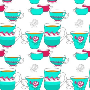 Seamless patterns of the doodle various bright colorful cup. Stock Illustration
