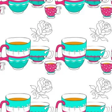 Seamless patterns of the doodle various bright colorful cup. Illustrazione stock