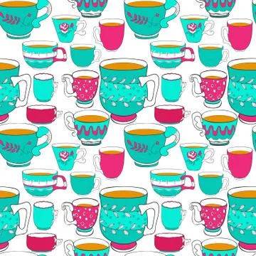 Seamless patterns of the doodle various bright colorful cup. Stock Illustration