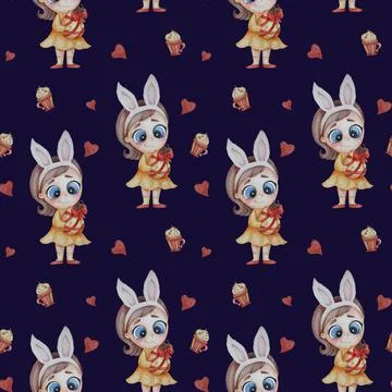 Seamless patterns - Easter pattern. Cute little girl with bunny ears on her head Stock Illustration