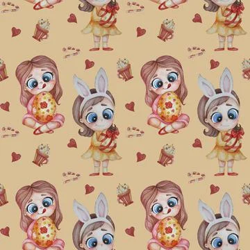 Seamless patterns - Easter pattern. Cute girls with bunny ears on their heads Stock Illustration