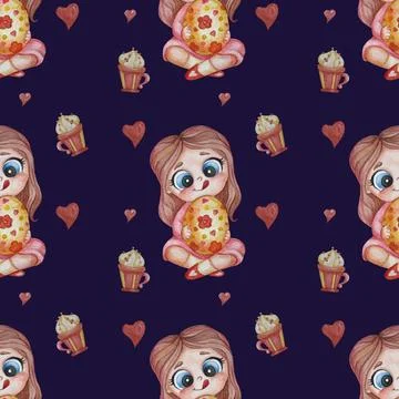 Seamless patterns. Easter pattern. A cute girl with a hairstyle sits with a l Stock Illustration