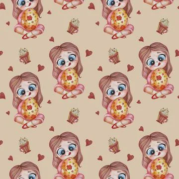 Seamless patterns. Easter pattern. A cute little girl sits with a large Easte 库存插图