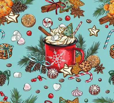 Seamless patterns festive composition with hot drink. Decoration with tange.. Stock Illustration