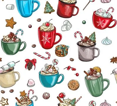 Seamless patterns festive composition with hot drink. Decoration with tange.. Stock Illustration