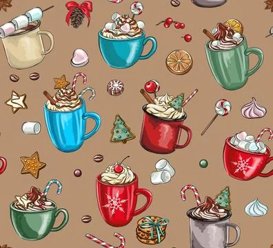 Seamless patterns festive composition with hot chocolate vector image, star.. Stock Illustration