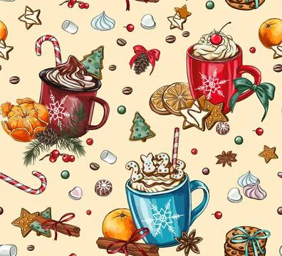 Seamless patterns festive composition inscription with gingerbread 2023 yea.. Stock Illustration