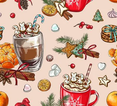 Seamless patterns festive composition inscription with gingerbread 2023 yea.. Stock Illustration