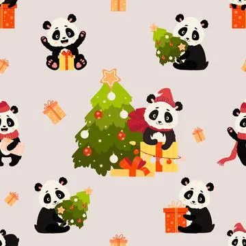 Seamless patterns with festive little bears. Cute panda with big gift and Illustrazione stock
