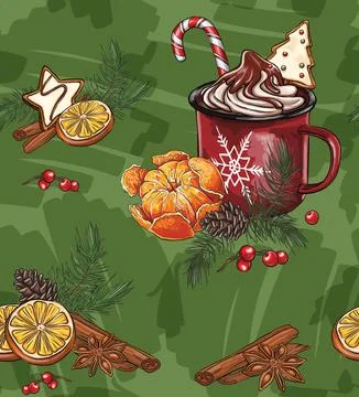 Seamless patterns festive winter Collection with hot drinks decoration: cof.. Illustrazione stock