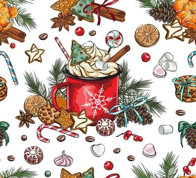 Seamless patterns festive winter Collection with decoration of hot drinks: .. Stock Illustration