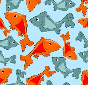 Seamless patterns with fish cartoons on light blue background. Cute wallpaper or Stock Illustration