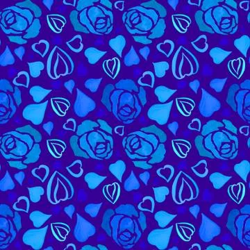 Seamless patterns. Floral pattern. Bright picture with blue roses and hearts on Stock Illustration