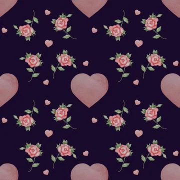 Seamless patterns. Floral pattern - Roses and hearts on a black background. W Stock Illustration
