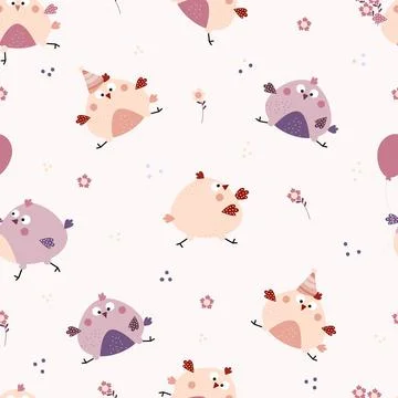 Seamless patterns. Funny cute birds - a boy chick and a girl hen on a light Stock Illustration
