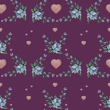 Seamless patterns. Geometric floral patterns - blue flowers, leaves and heart Illustrazione stock