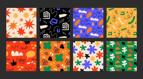 Seamless patterns with hand drawn abstract geometric shapes and retro objects. Illustrazione stock