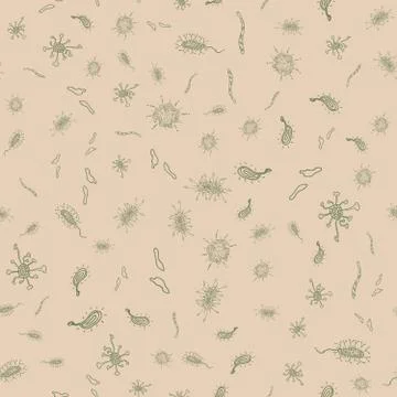 Seamless patterns of hand-drawn bacteria and viruses on a beige background Stock Illustration