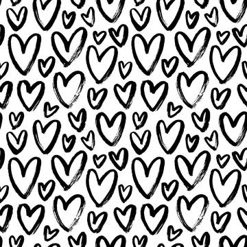 Seamless patterns with hand drawn black hearts. Stock Illustration
