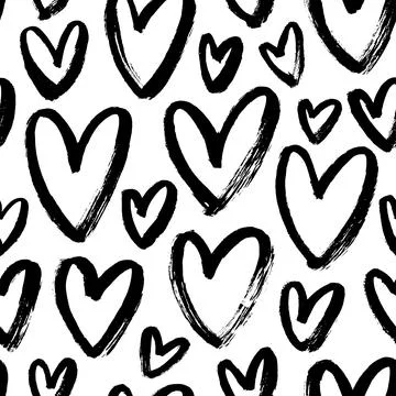 Seamless patterns with hand drawn black hearts. Stock Illustration