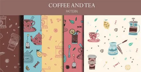 Seamless patterns of hand drawn coffee and tea doodles. A set of isolated vector Stock Illustration