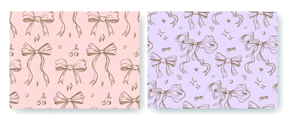 Seamless patterns with hand drawn ribbon bows on pastel background Stock Illustration