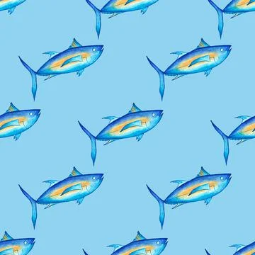 Seamless patterns Hand painted watercolor illustration of sea fish - tuna on Illustrazione stock