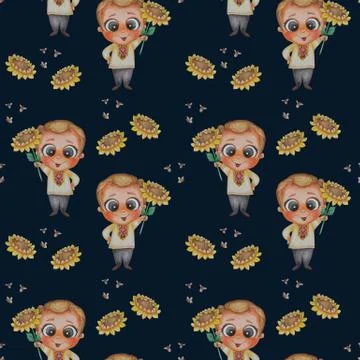 Seamless patterns. Handsome cute guy in an embroidered shirt with a yellow Stock Illustration