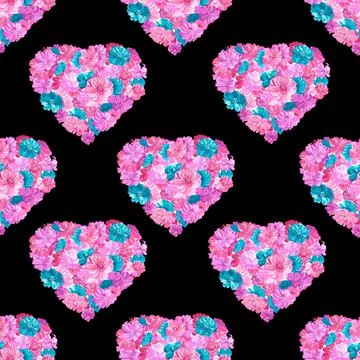 Seamless patterns with hearts filled with pink and turquoise flowers on a bla Stock Illustration