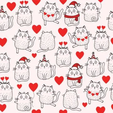 Seamless patterns. Holiday and cats in a Santa hat, a scarf, a birthday girls ha Stock Illustration