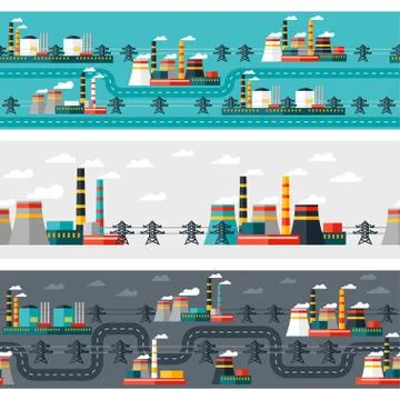 Seamless patterns of industrial power plants in flat style 스톡 일러스트