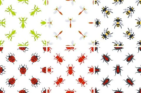 Seamless patterns with insects including praying mantis, dragonfly, bee, ladybug Illustrazione stock