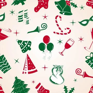 Seamless patterns with jingle bells, candy canes, tree, caps, wine glass, b.. Stock Illustration