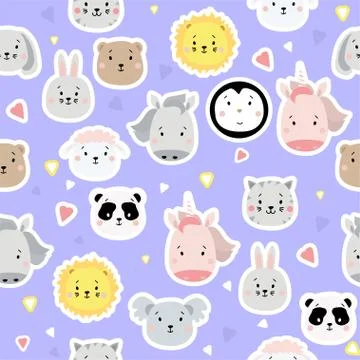 Seamless patterns. Kids collection. Cute animal stickers - lion and penguin, uni Stock Illustration