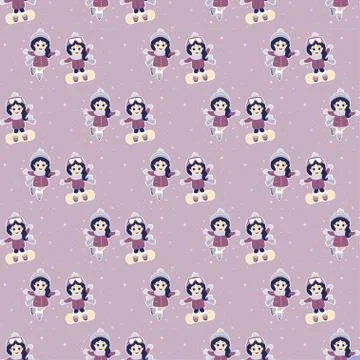 Seamless patterns. Kids winter and sports - a girl goes snowboarding and ice ska Stock Illustration