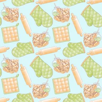 Seamless patterns for the kitchen with illustrations, potholders, mittens, ro Stock Illustration