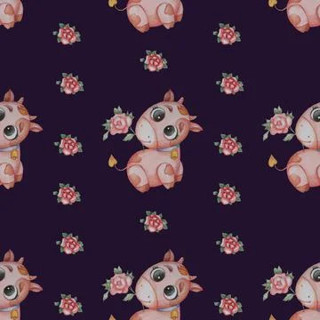 Seamless patterns. Little cute goby with a red rose flower on a dark purple Stock Illustration