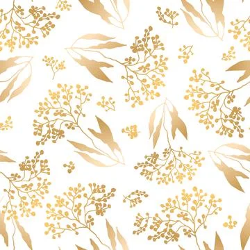 Seamless patterns. Luxurious gold and a graceful twig on a white background.  Stock Illustration