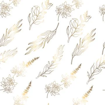 Seamless patterns. Luxurious gold and graceful twig and flower on a white Stock Illustration