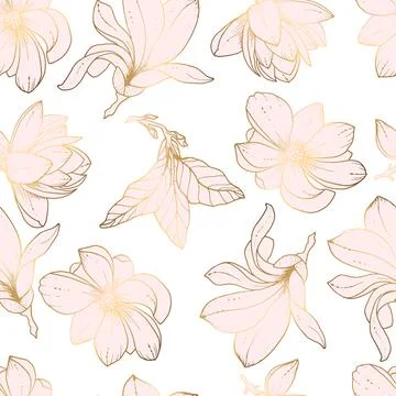 Seamless patterns. Luxurious gold and graceful magnolia twig and pink flower on Stock Illustration