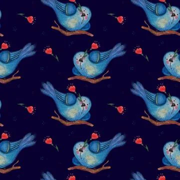 Seamless patterns. Magic blue bird with a red flower in its beak on a branch on Stock Illustration
