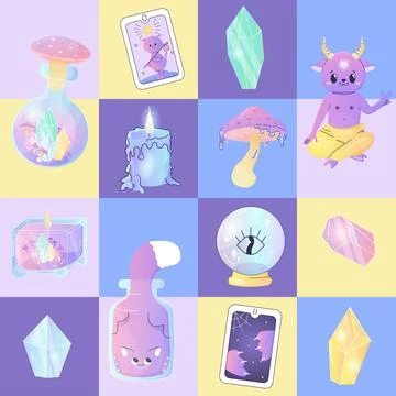 Seamless patterns magical tarot cards satan, crystals, mushrooms, occultism Stock Illustration
