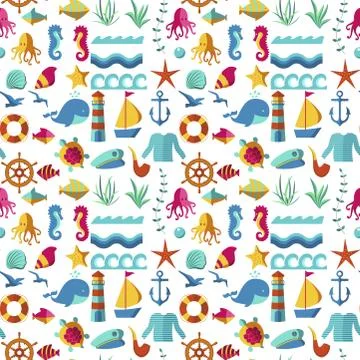 Seamless patterns with nautical elements wave paper ocean sea blue texture Stock Illustration