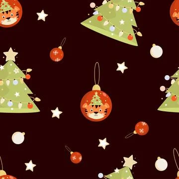 Seamless patterns. New Years tiger and Christmas tree with balls and garlands on イラスト素材