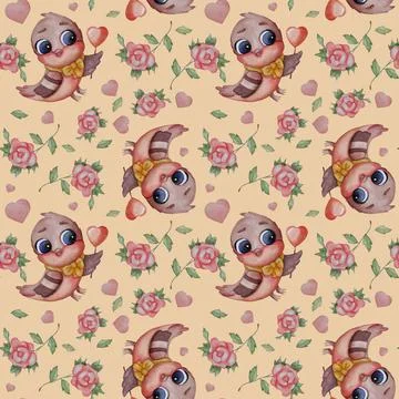 Seamless patterns. Nice bird. Beautiful titmouse with a red belly and a heart on Stock Illustration