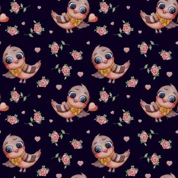 Seamless patterns. Nice bird. Titmouse with a red heart on a black background Stock Illustration